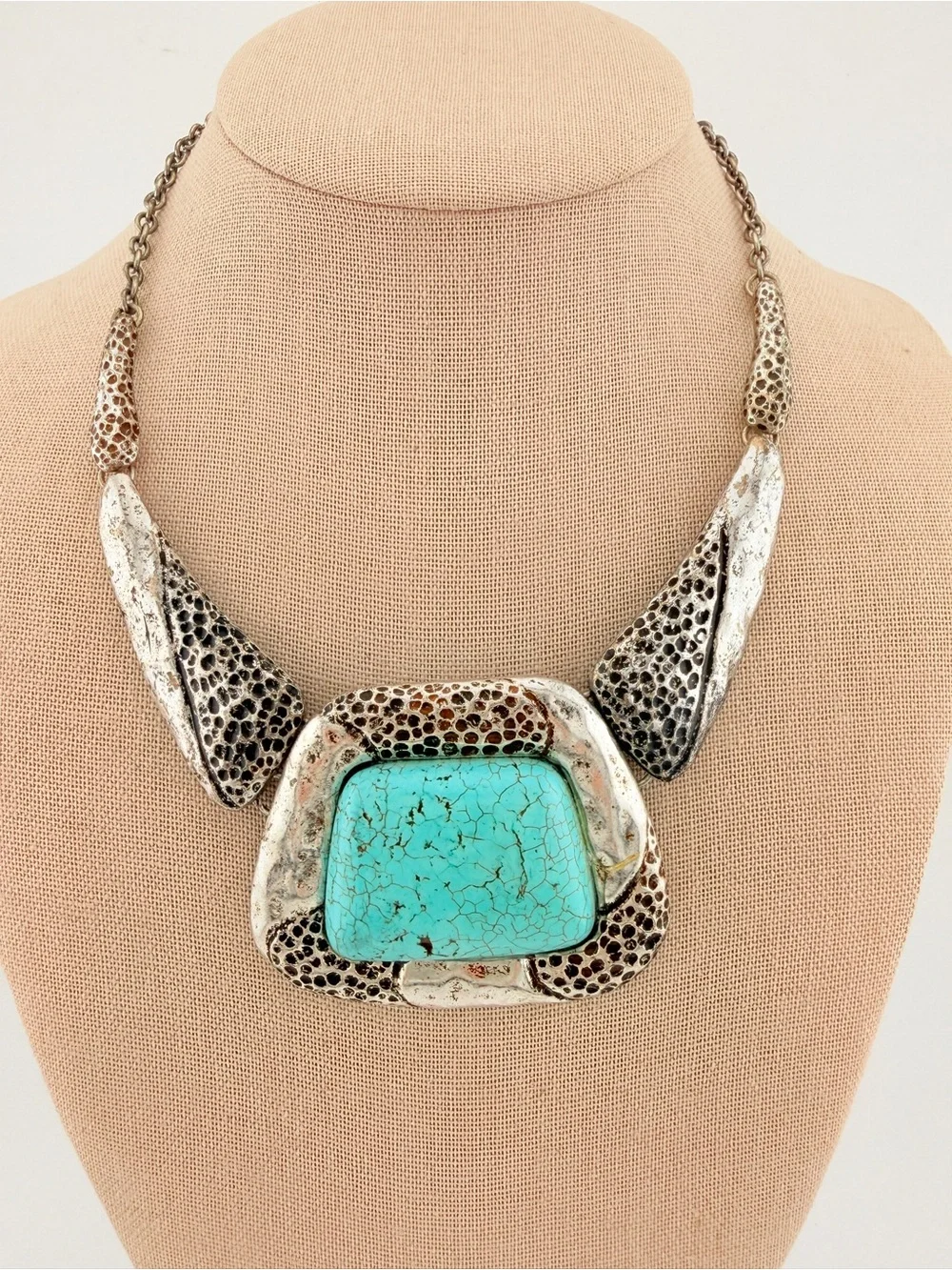 Boho Faux Turquoise Silver Statement Bib Necklace